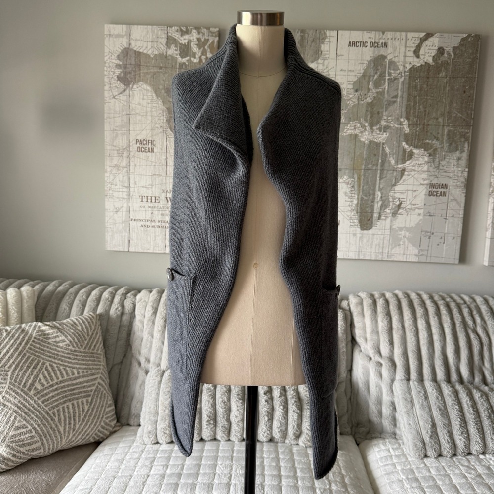 Shae Wool Cashmere Blend Draped Open Front Longline Knit Vest Gray Large